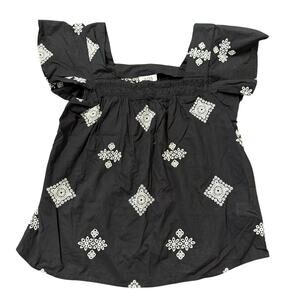 Target a.n.a. womens black shortsleeve cotton blouse, white eyelet embroidery S